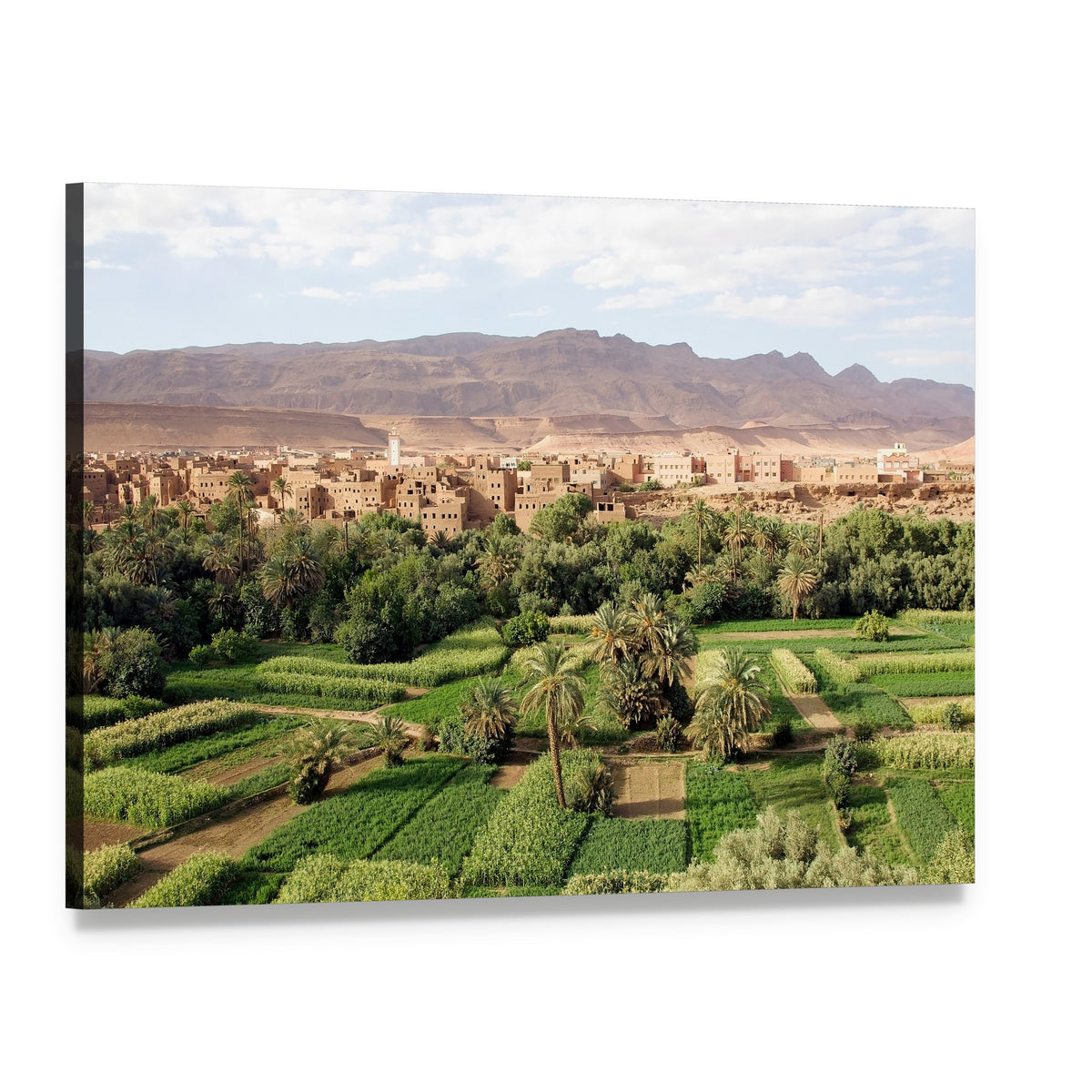 Moroccan Village Oasis Landscape Canvas Wall Art, single panel gallery wrapped canvas, angled product view