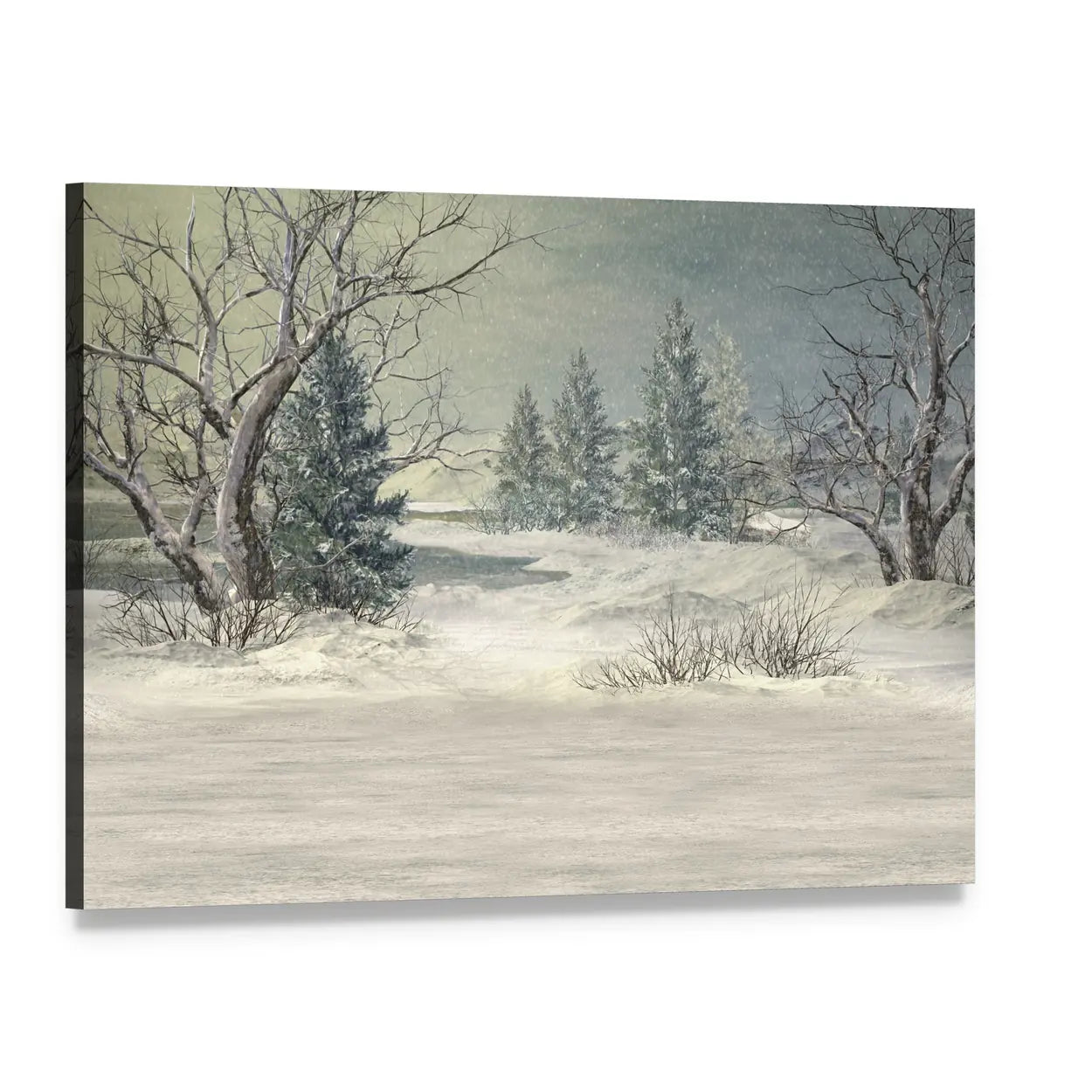 Serene Winter Forest Canvas Wall Art, single panel gallery wrapped canvas, angled product view