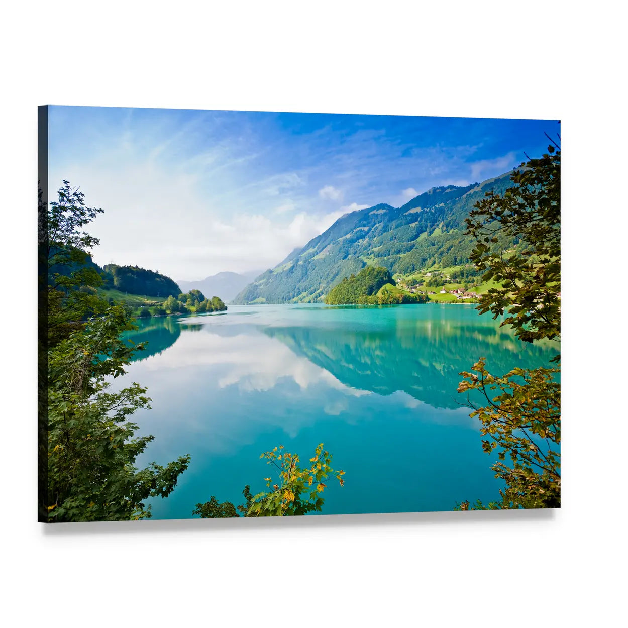 Majestic Mountain Lake In Switzerland Canvas Wall Art, single panel gallery wrapped canvas, angled product view