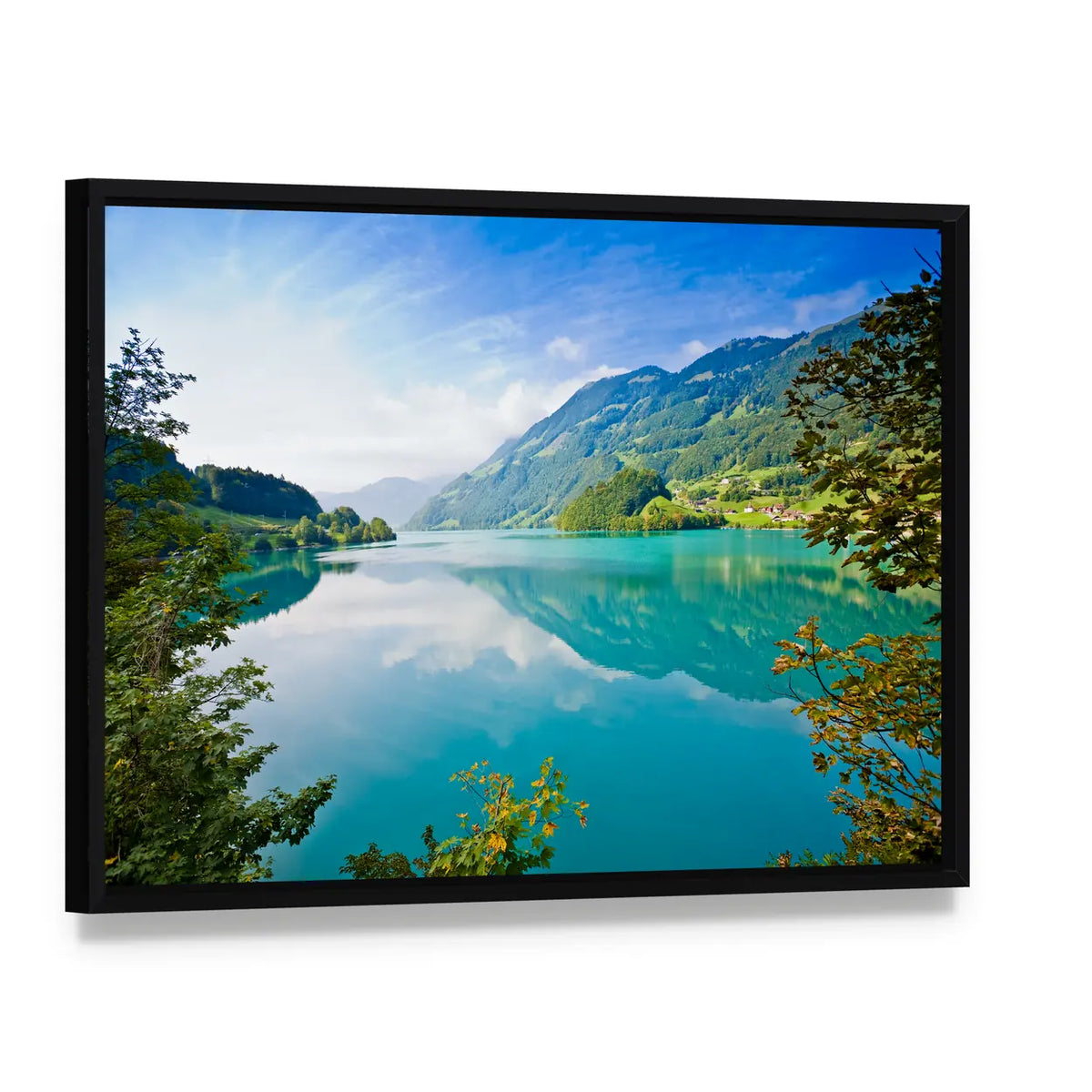 Majestic Mountain Lake In Switzerland Canvas Wall Art, framed canvas in a black floater frame, angled product view