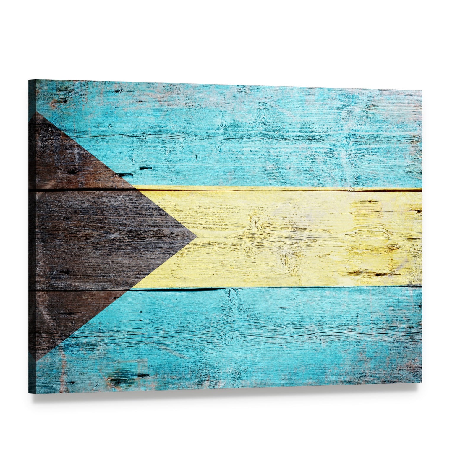 Bahamas Flag on Weathered Wood Canvas Wall Art, single panel gallery wrapped canvas, angled product view