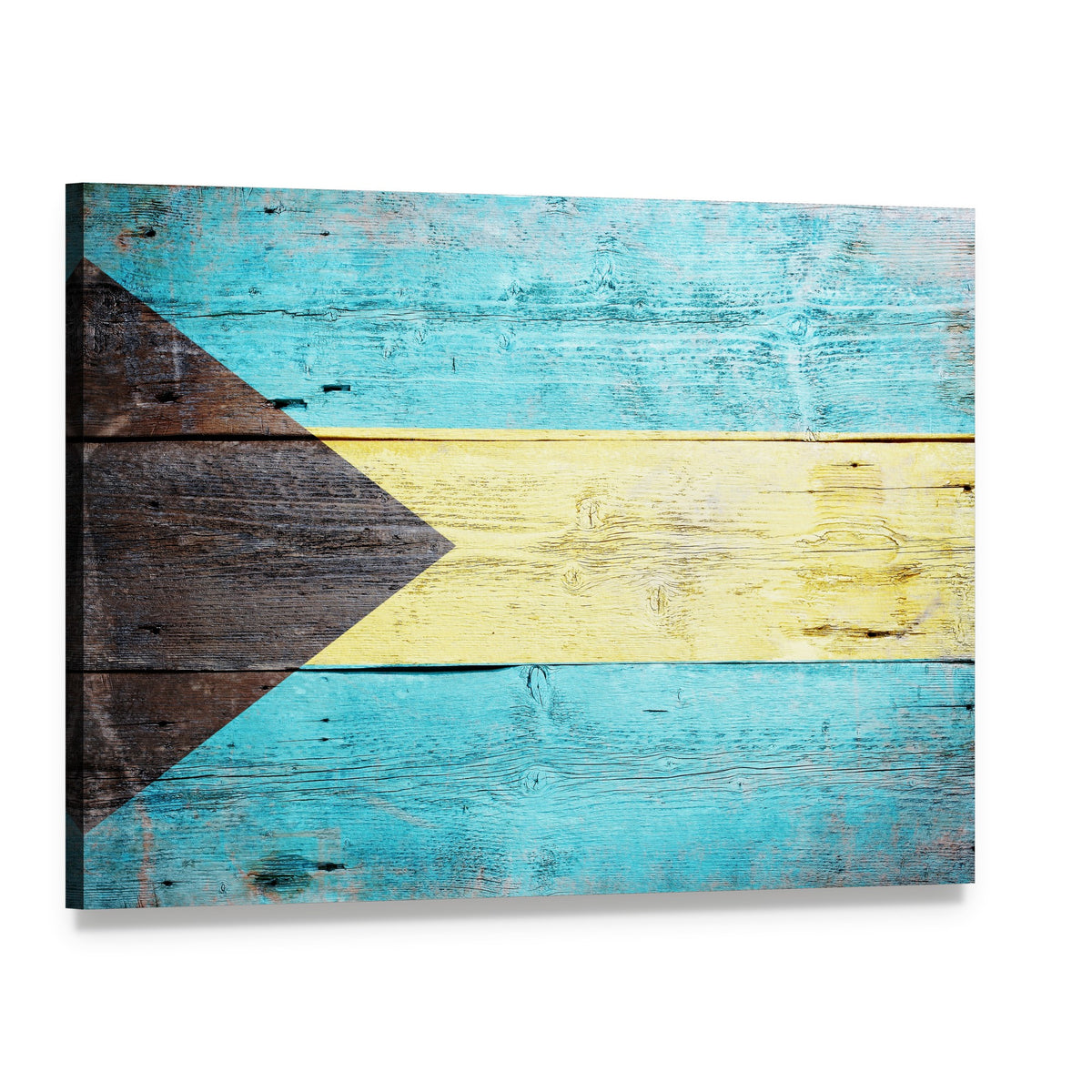 Bahamas Flag on Weathered Wood Canvas Wall Art, single panel gallery wrapped canvas, angled product view