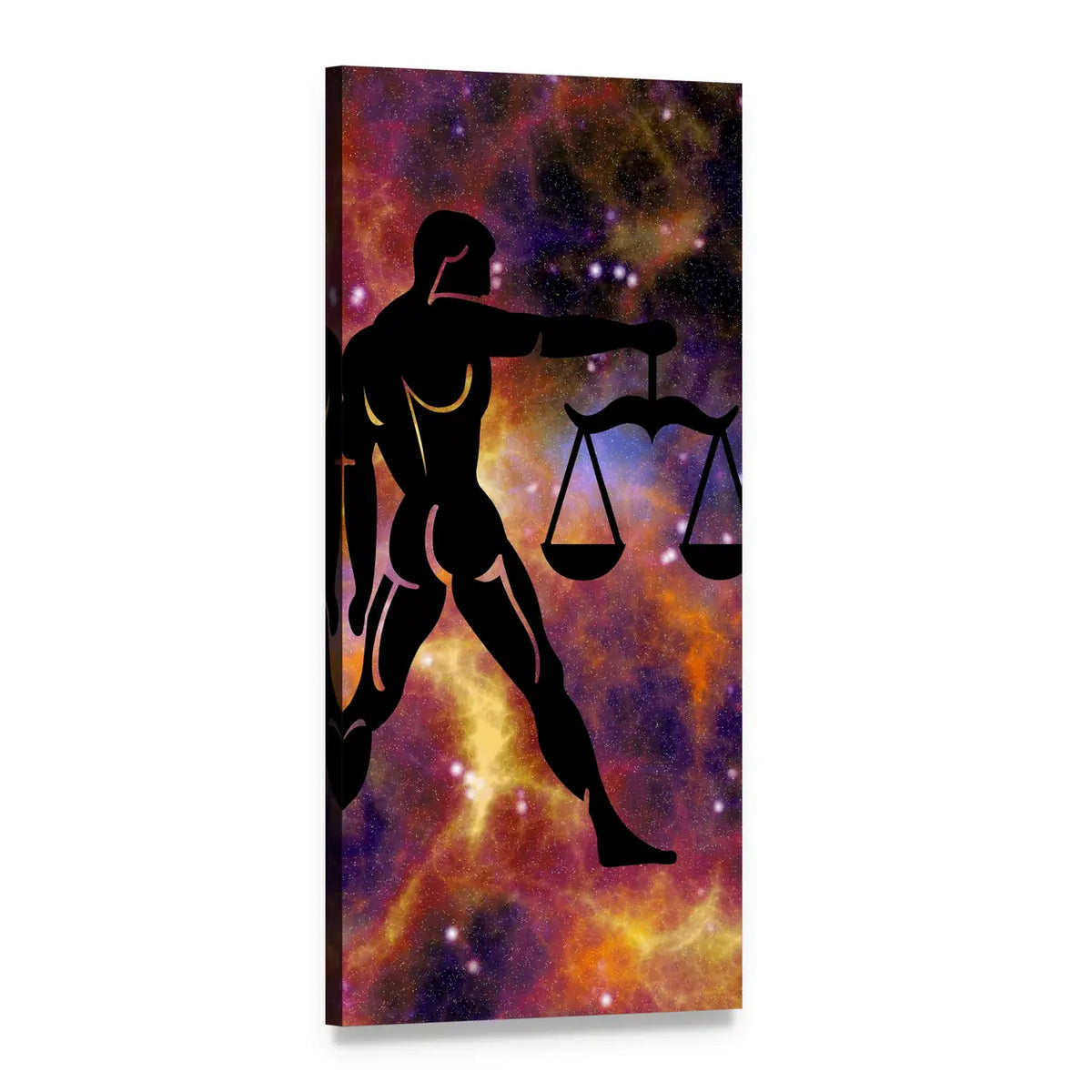 Libra Silhouette Holding Scales Over Nebula Vertical Canvas Wall Art, 1 panel 1 Vertical layout gallery wrapped canvas set, angled product view