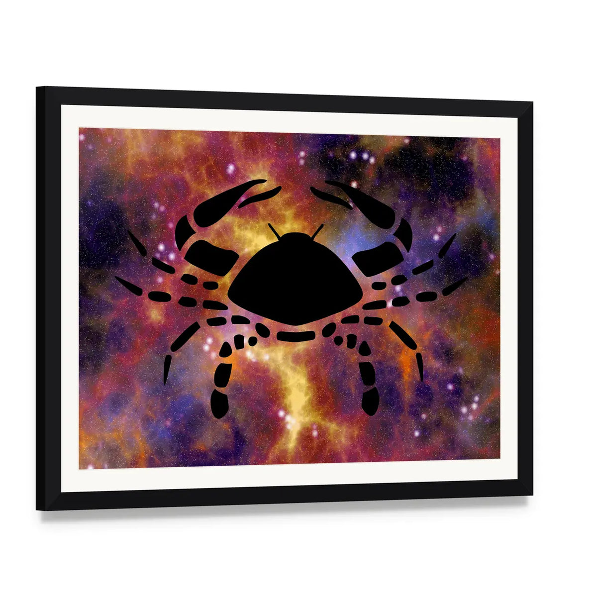 Cancer Zodiac Crab Silhouette Nebula Canvas Wall Art, framed print with white mat and black frame, angled product view