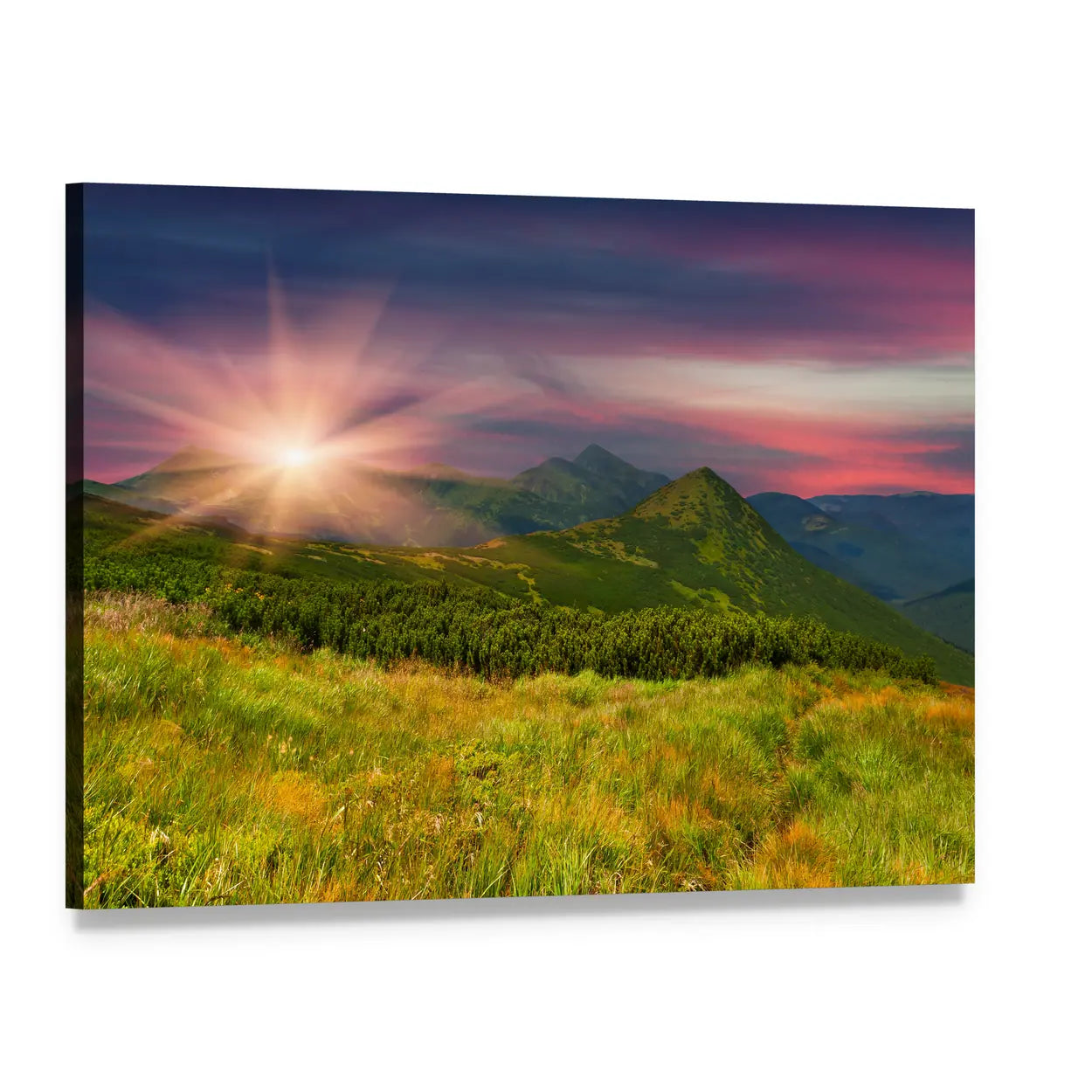 Sunrise Above Mountains Canvas Wall Art, single panel gallery wrapped canvas, angled product view