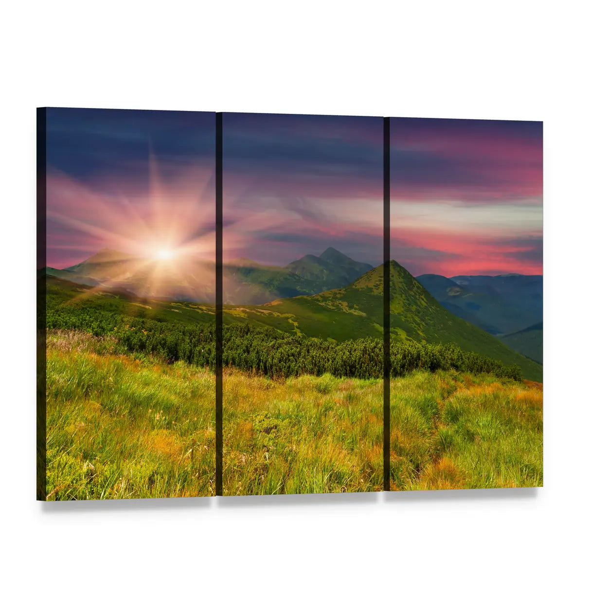Sunrise Above Mountains Canvas Wall Art, 3 panel 3 Horizontal layout gallery wrapped canvas set, angled product view