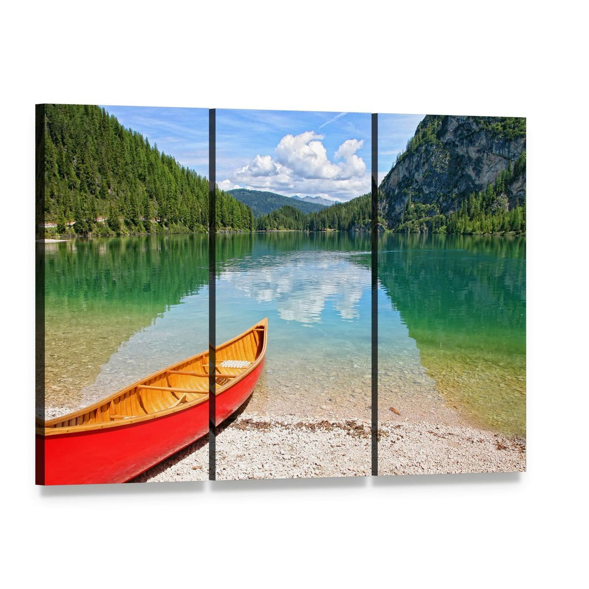 Red Canoe on Mountain Lake Canvas Wall Art, 3 panel 3 Horizontal layout gallery wrapped canvas set, angled product view