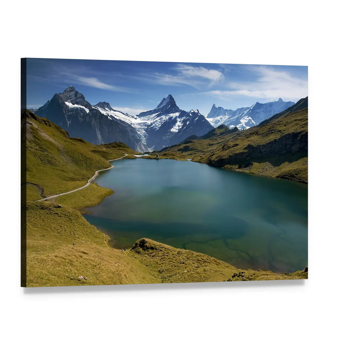 Lake Below Snow-capped Mountains Canvas Wall Art, single panel gallery wrapped canvas, angled product view