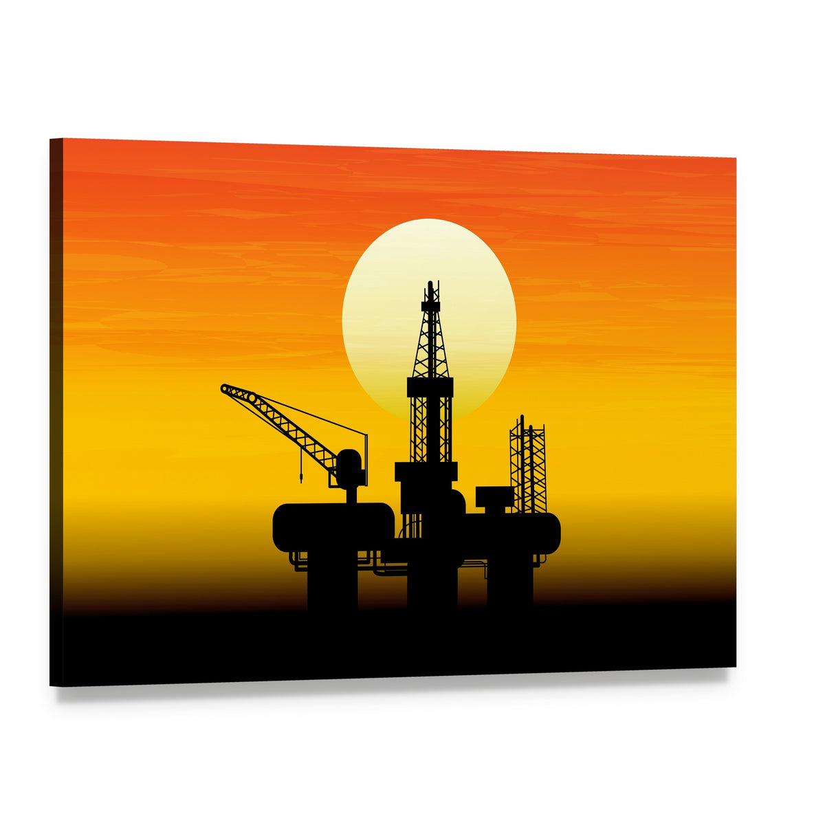Oil Derrick Silhouette at Sunset Canvas Wall Art, single panel gallery wrapped canvas, angled product view