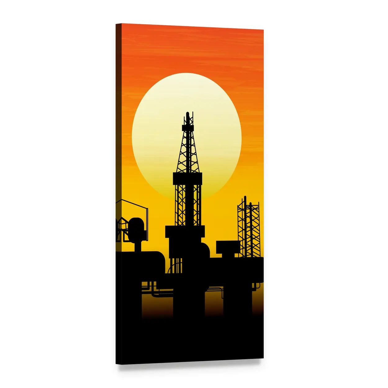 Oil Derrick Silhouette at Sunset Vertical Canvas Wall Art, 1 panel 1 Vertical layout gallery wrapped canvas set, angled product view