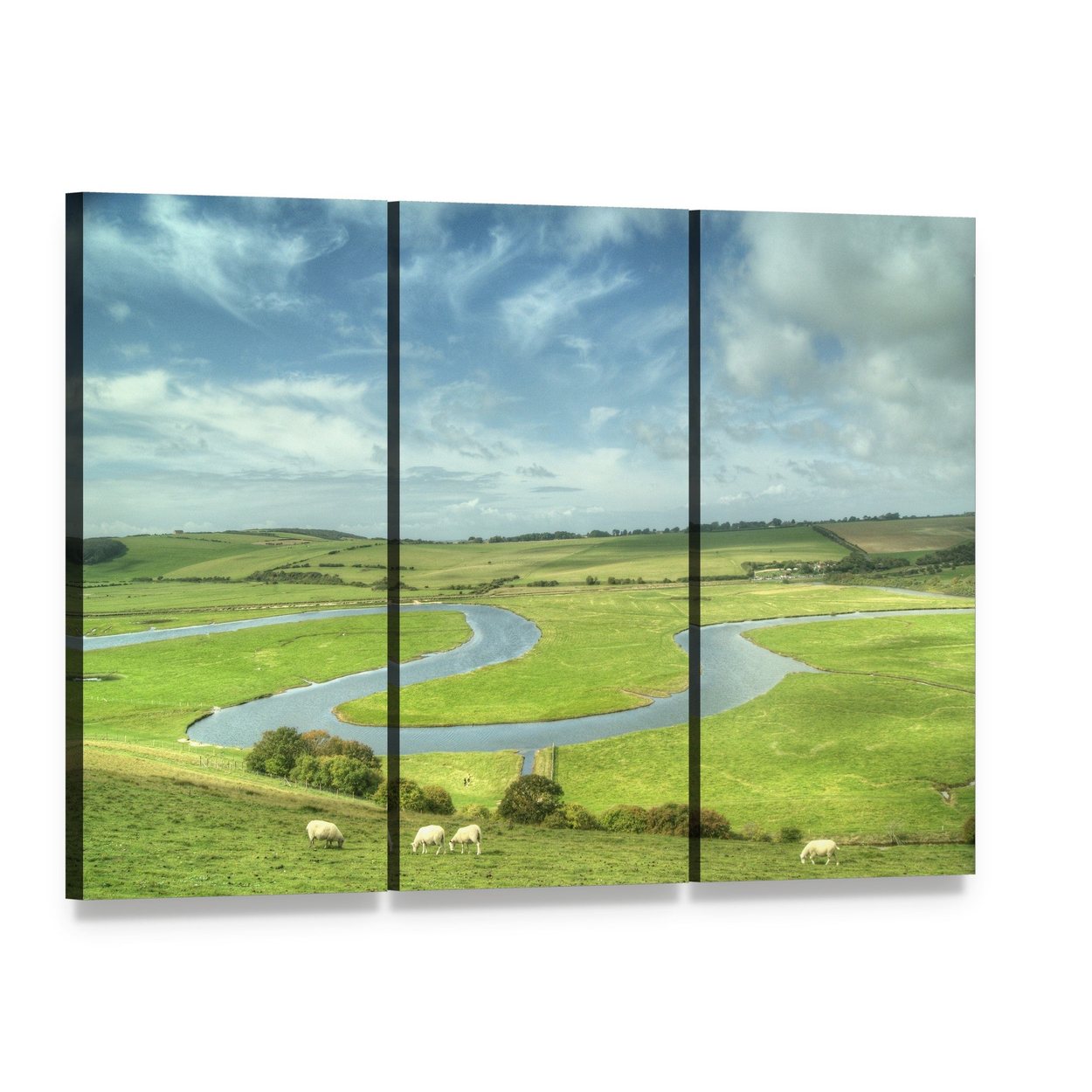 River Cuckmere with Sheep Canvas Wall Art, 3 panel 3 Horizontal layout gallery wrapped canvas set, angled product view