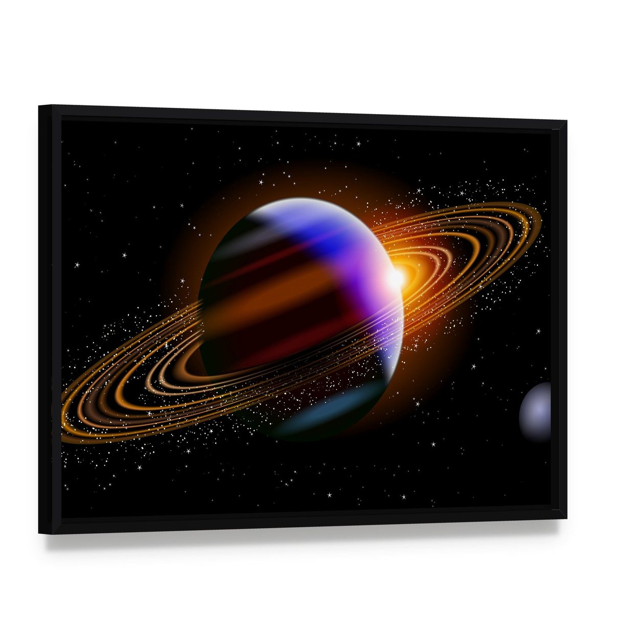 Planet with Colorful Bands and Glowing Rings Canvas Wall Art, framed canvas in a black floater frame, angled product view
