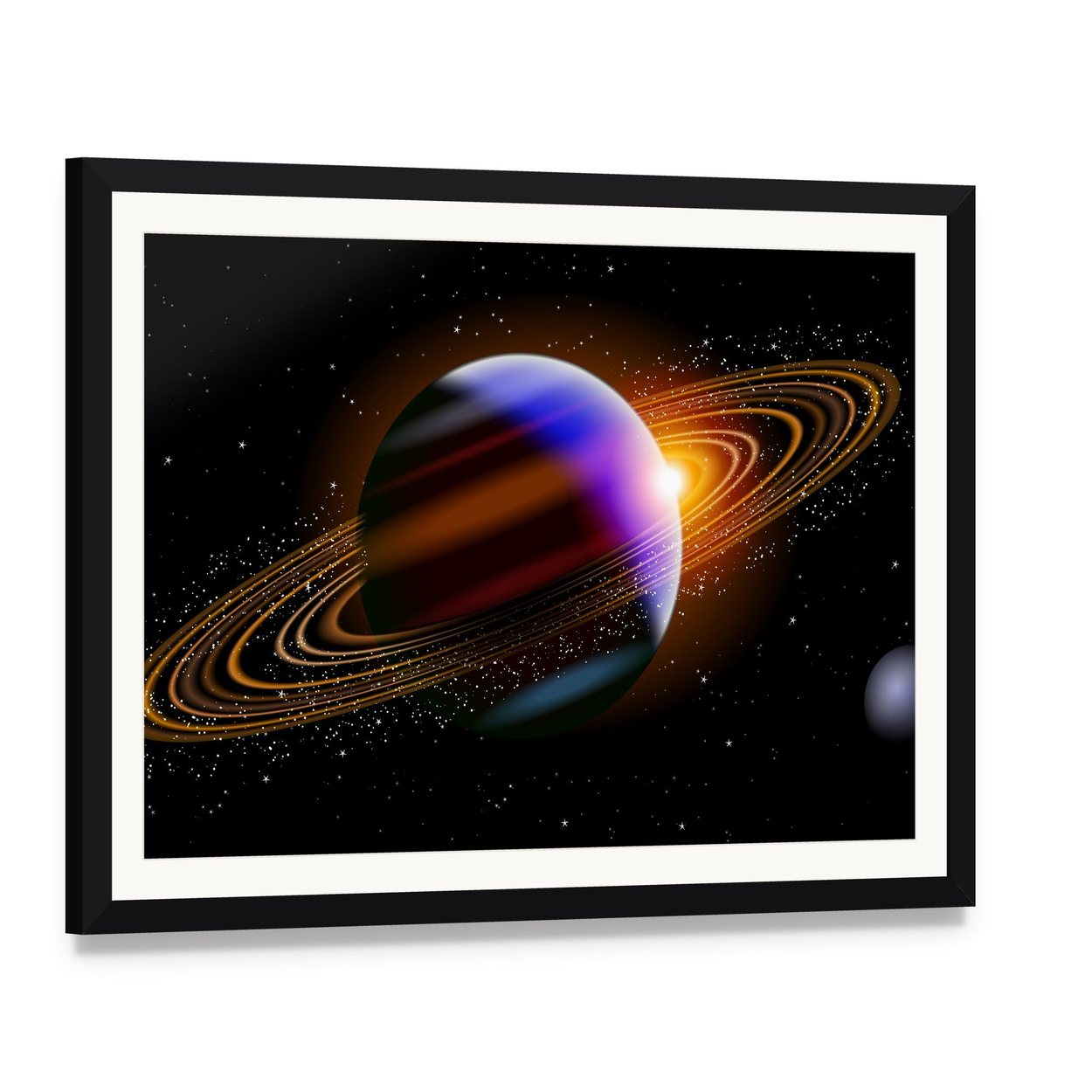 Planet with Colorful Bands and Glowing Rings Canvas Wall Art, framed print with white mat and black frame, angled product view