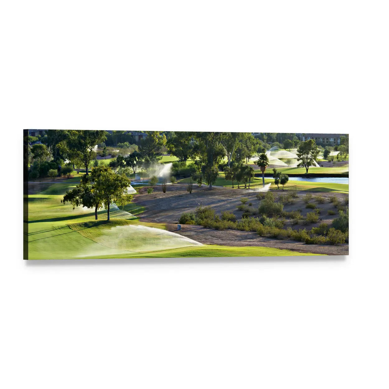 Golf Course Fairway at Golden Hour Panoramic Canvas Wall Art, single panel gallery wrapped canvas, angled product view