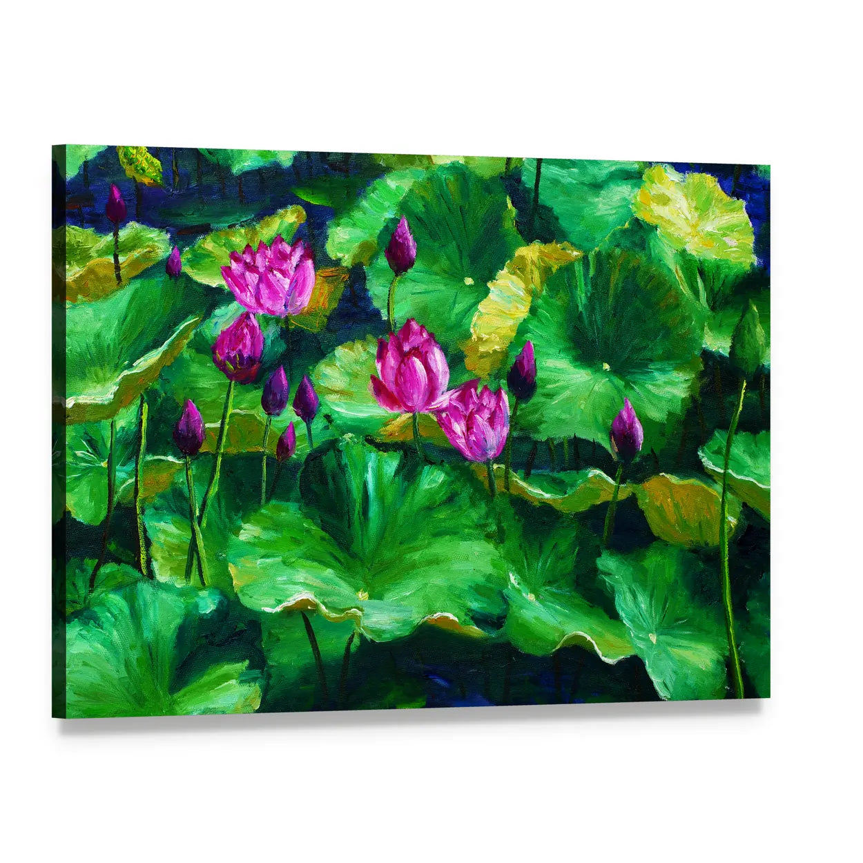 Lotus Flowers Oil Painting Canvas Wall Art, single panel gallery wrapped canvas, angled product view