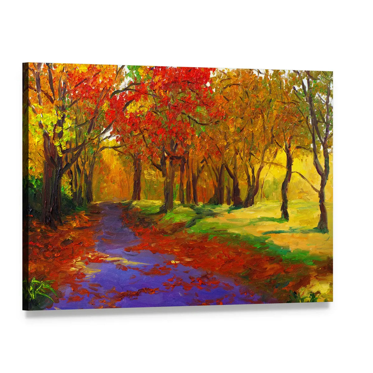 Maple Forest Path in Autumn Canvas Wall Art, single panel gallery wrapped canvas, angled product view