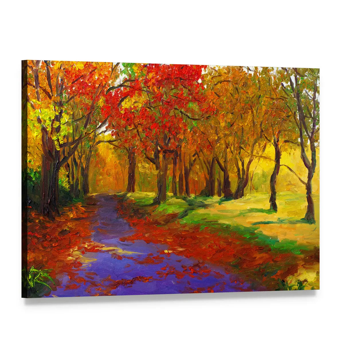 Maple Forest Path in Autumn Canvas Wall Art, single panel gallery wrapped canvas, angled product view