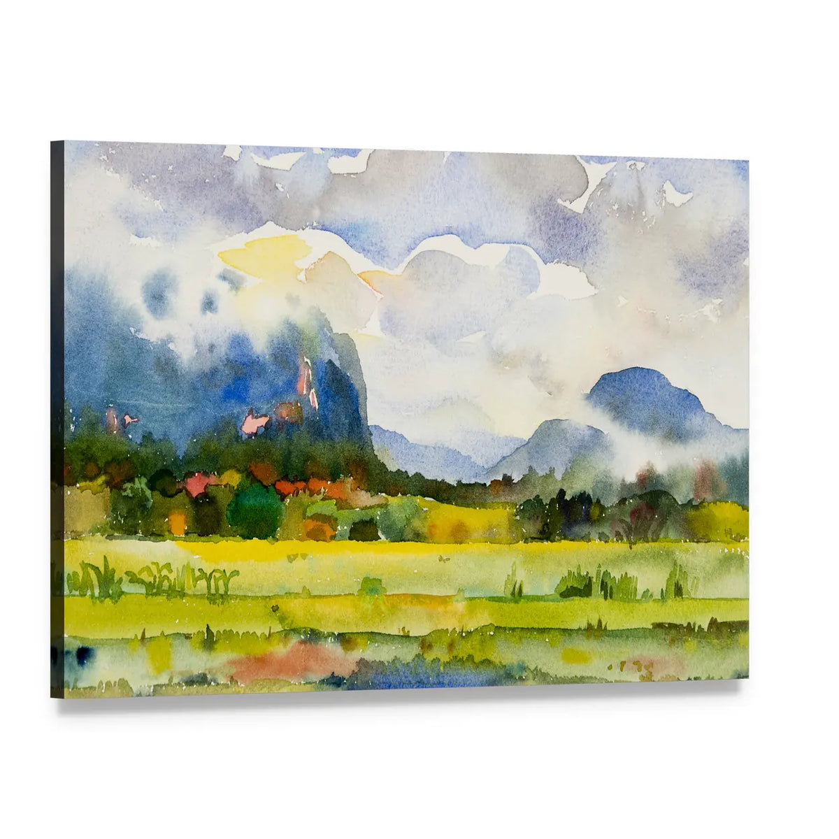Watercolor Countryside Meadow Canvas Wall Art, single panel gallery wrapped canvas, angled product view