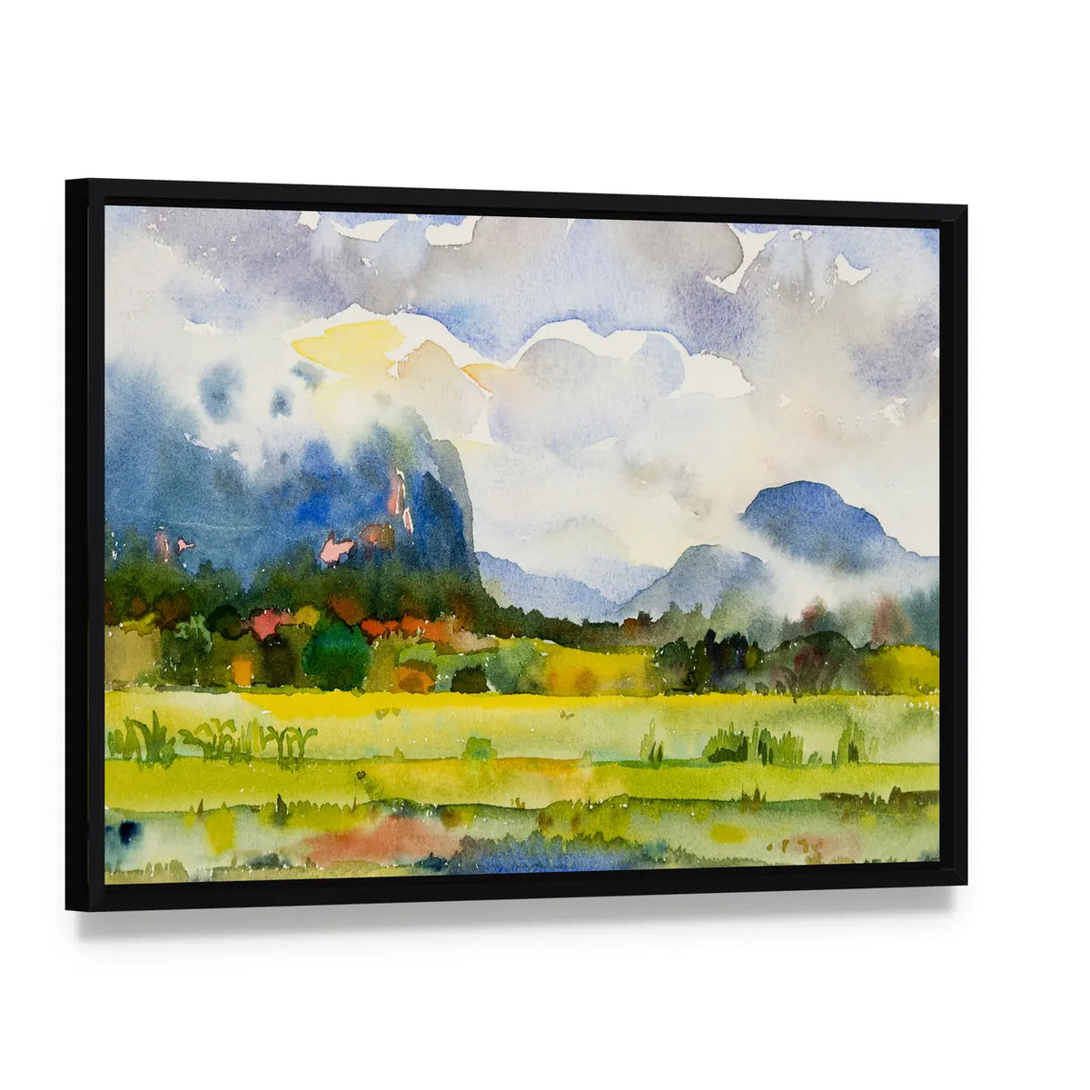 Watercolor Countryside Meadow Canvas Wall Art, framed canvas in a black floater frame, angled product view