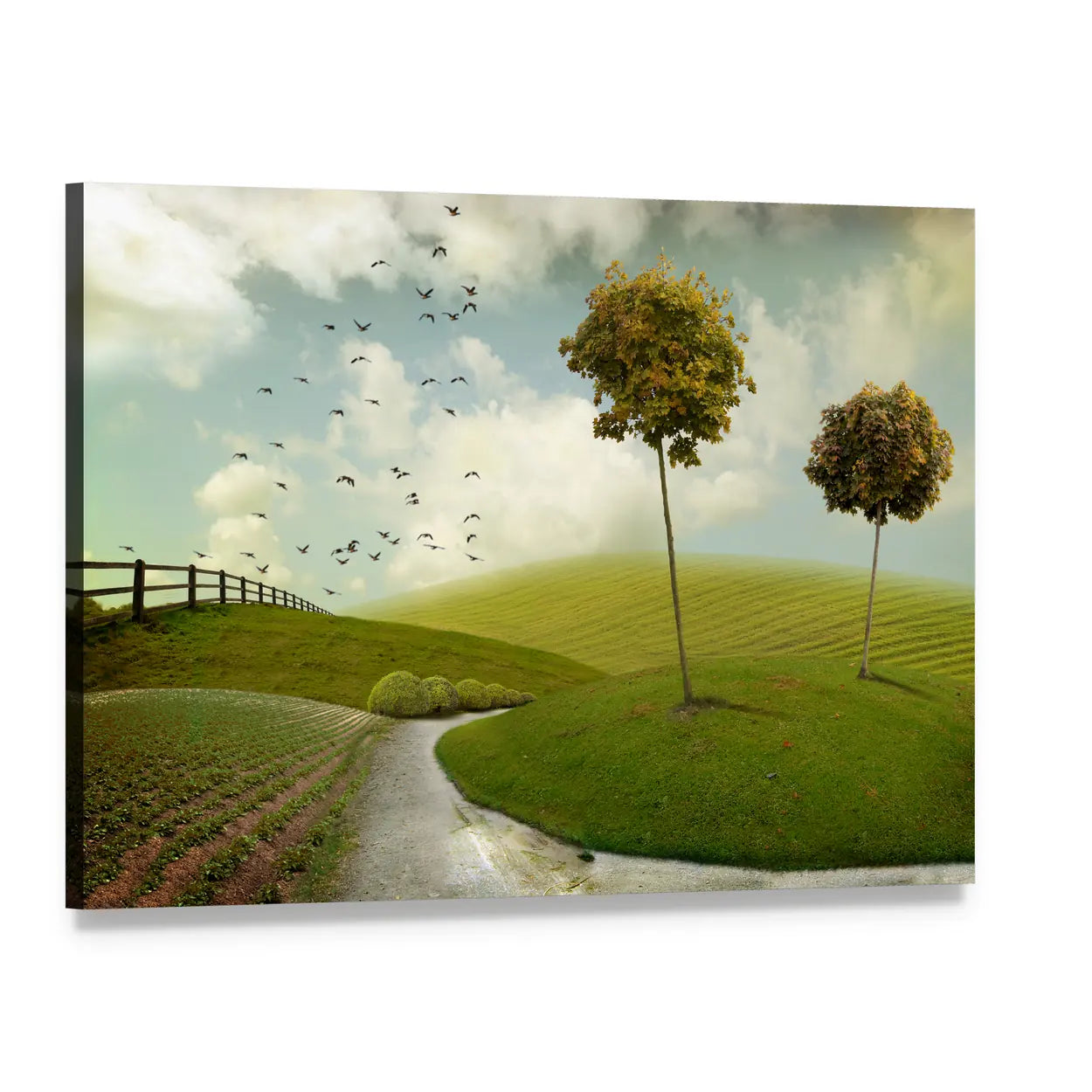Winding Path Through Surreal Green Hills Canvas Wall Art, single panel gallery wrapped canvas, angled product view