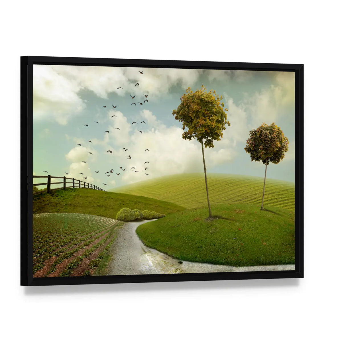 Winding Path Through Surreal Green Hills Canvas Wall Art, framed canvas in a black floater frame, angled product view