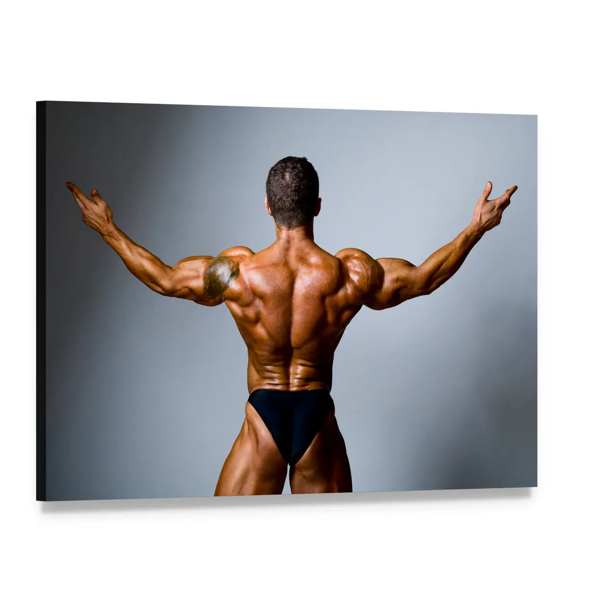 Back-facing Bodybuilder with Outstretched Arms Canvas Wall Art, single panel gallery wrapped canvas, angled product view