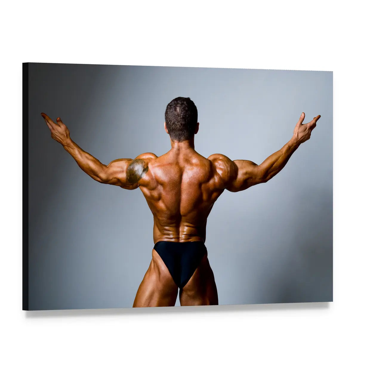 Back-facing Bodybuilder with Outstretched Arms Canvas Wall Art, single panel gallery wrapped canvas, angled product view