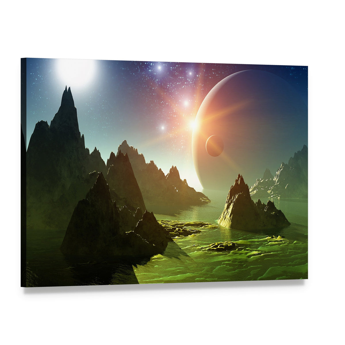 Alien Landscape with Ringed Planet Canvas Wall Art, single panel gallery wrapped canvas, angled product view