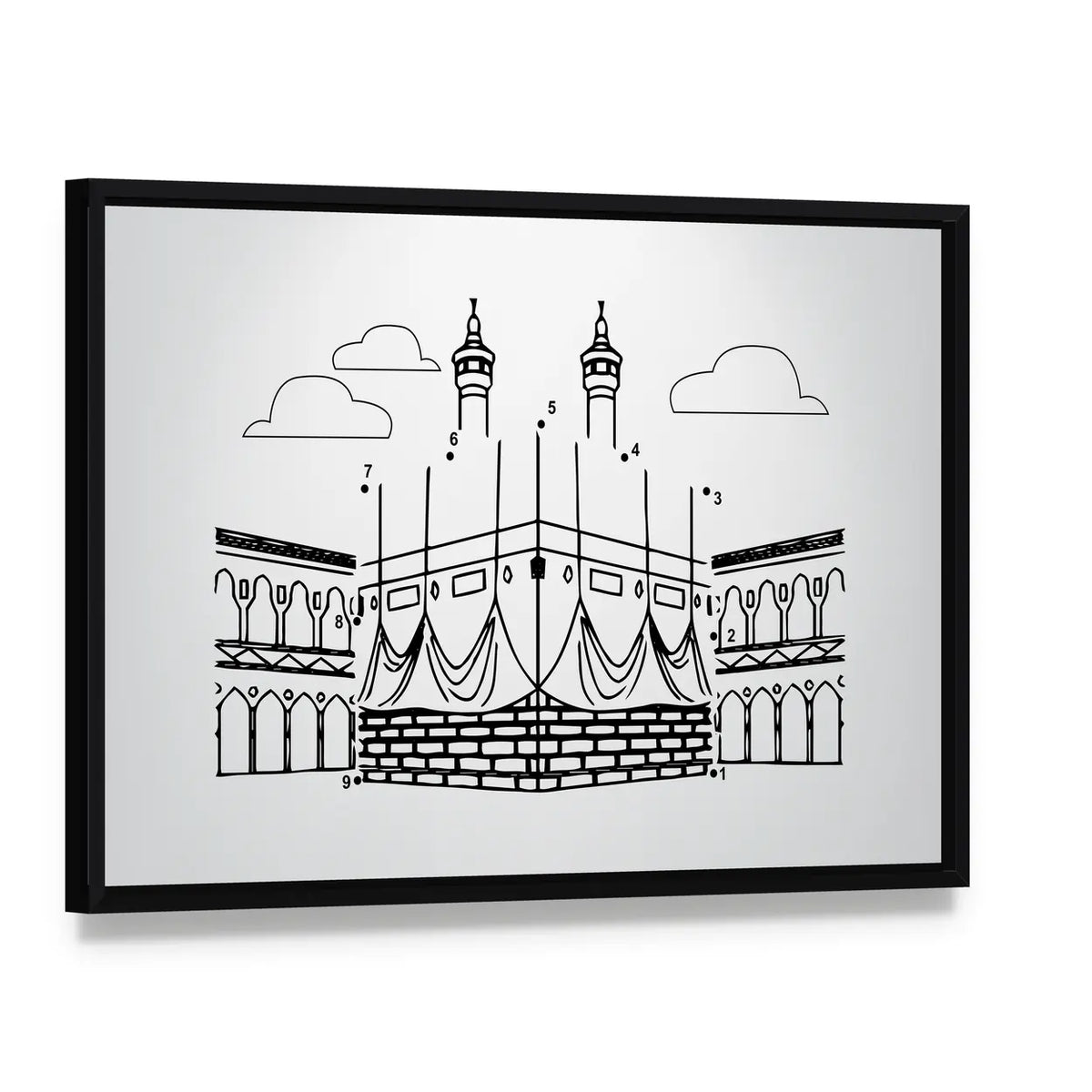 Kaaba Numbered Dot Puzzle Illustration Canvas Wall Art, framed canvas in a black floater frame, angled product view