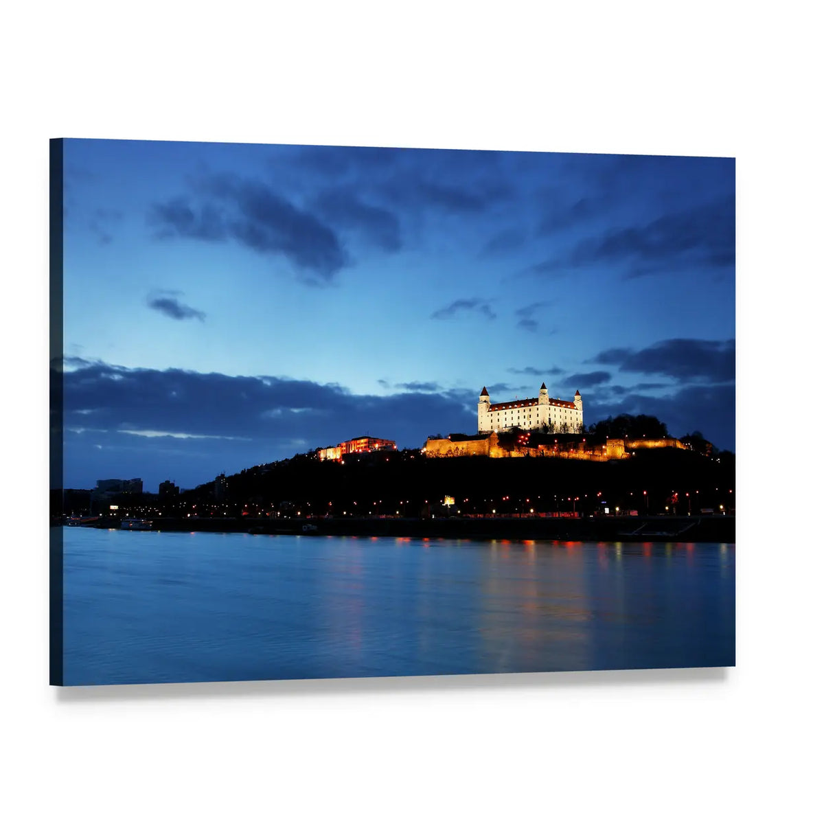 Bratislava Castle Night Reflections Canvas Wall Art, single panel gallery wrapped canvas, angled product view