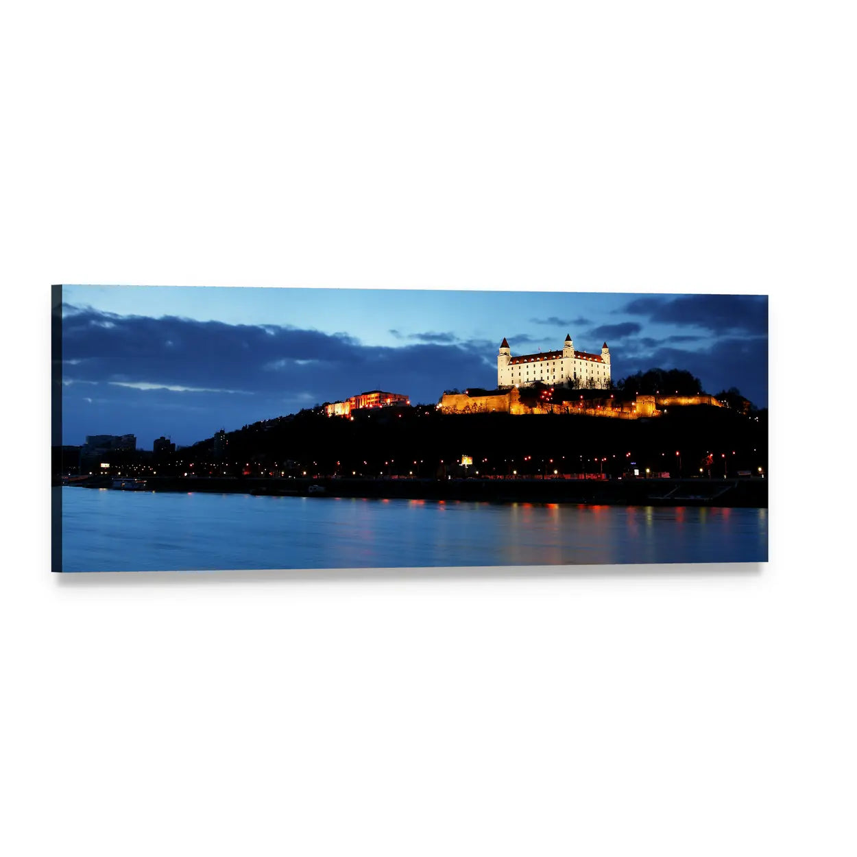 Bratislava Castle Night Reflection Panoramic Canvas Wall Art, single panel gallery wrapped canvas, angled product view