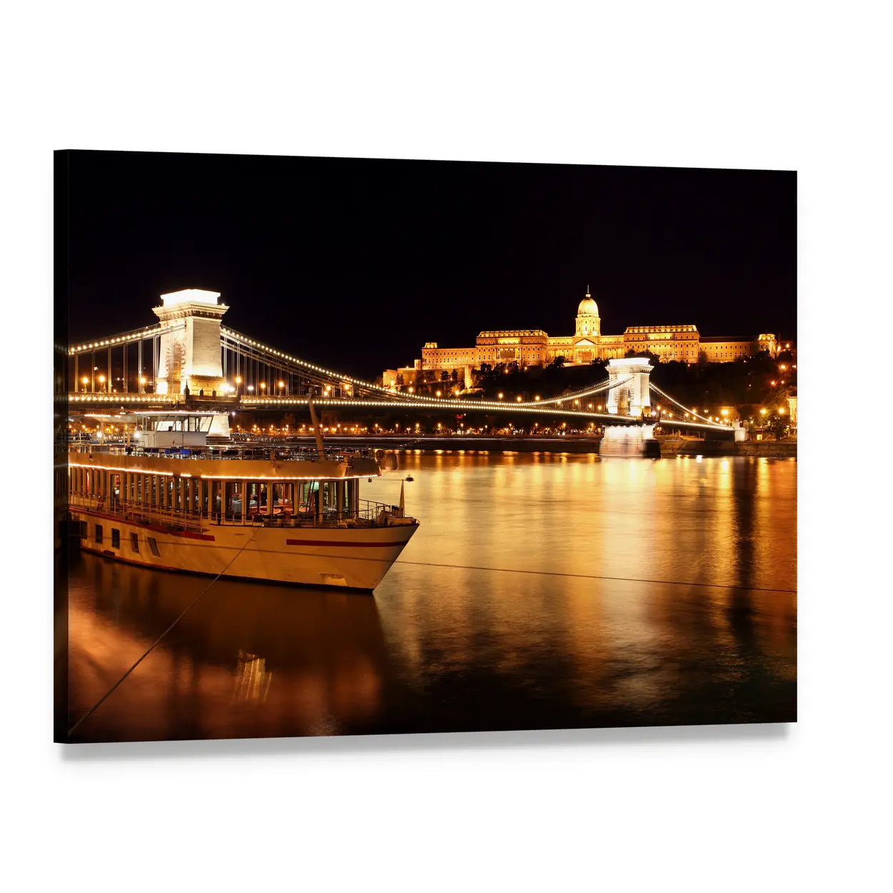Budapest Chain Bridge at Night Canvas Wall Art, single panel gallery wrapped canvas, angled product view