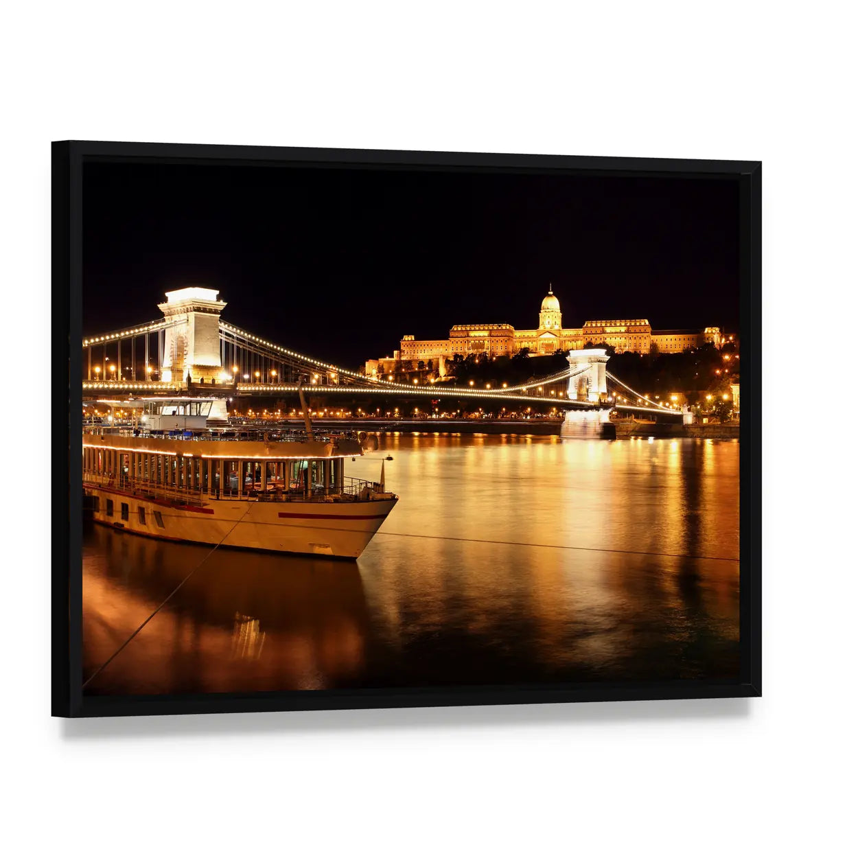 Budapest Chain Bridge at Night Canvas Wall Art, framed canvas in a black floater frame, angled product view