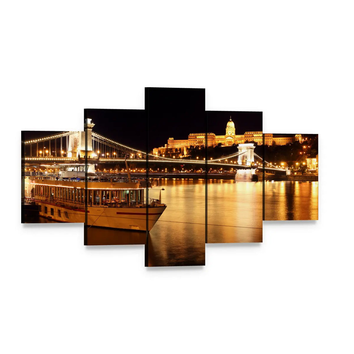 Budapest Chain Bridge at Night Canvas Wall Art, 5 panel 5 Star layout gallery wrapped canvas set, angled product view