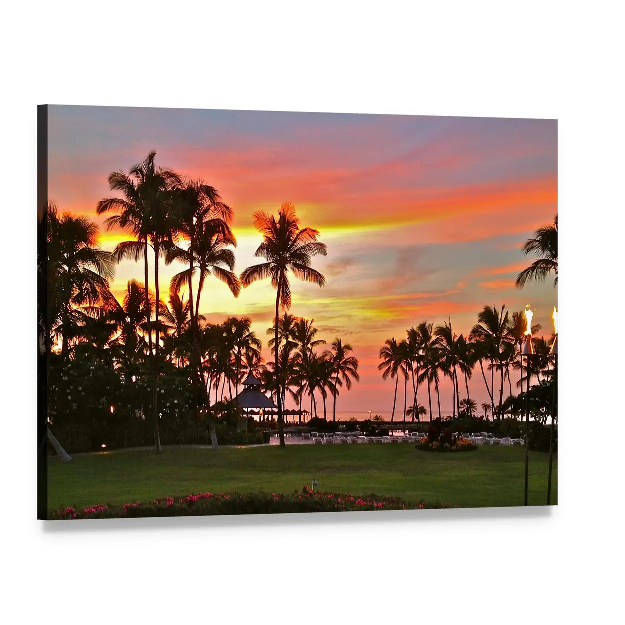 Rainbow Sunset Over Tropical Beach Canvas Wall Art, single panel gallery wrapped canvas, angled product view