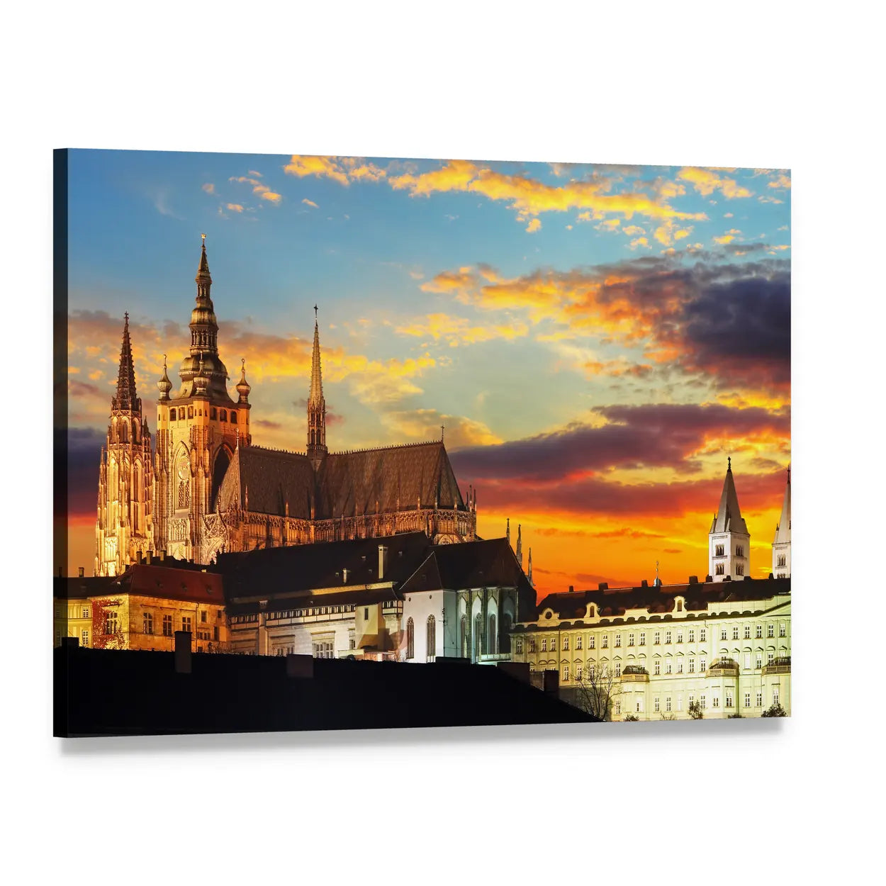 Prague Castle at Sunset Canvas Wall Art, single panel gallery wrapped canvas, angled product view