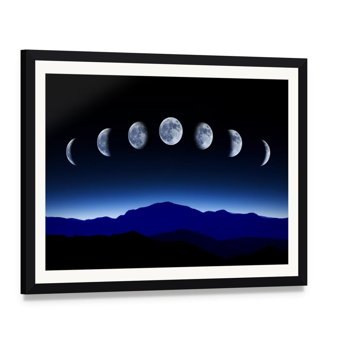 Moon Lunar Cycle Canvas Wall Art, framed print with white mat and black frame, angled product view