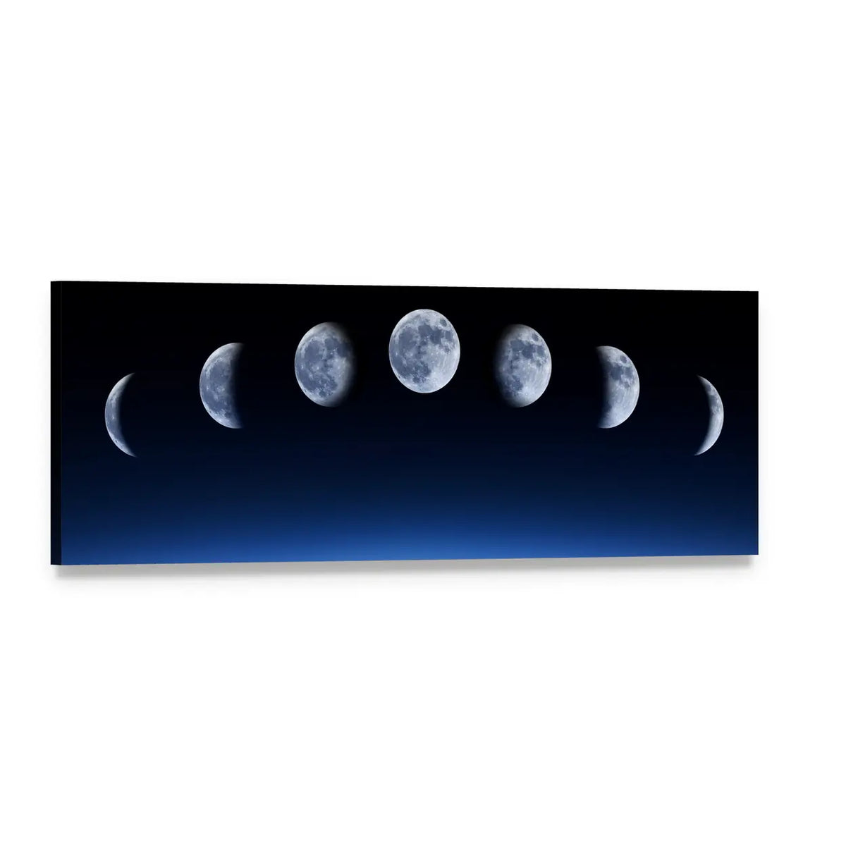 Seven Moon Phases with Blue Horizon Panoramic Canvas Wall Art, single panel gallery wrapped canvas, angled product view