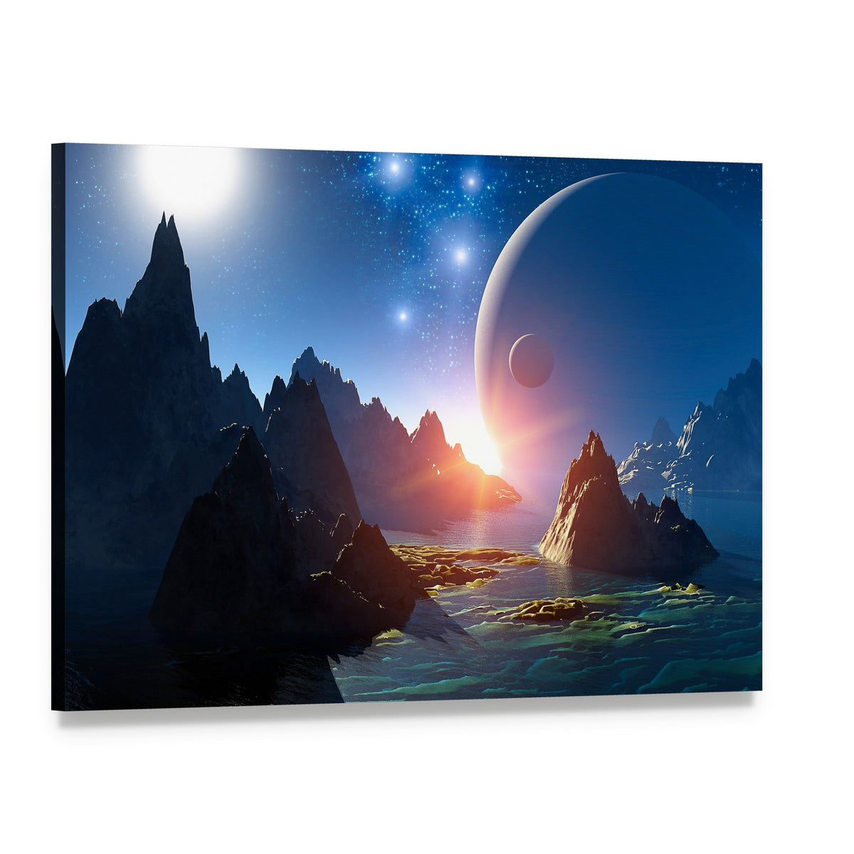 3d Alien Planet Scene Canvas Wall Art, single panel gallery wrapped canvas, angled product view
