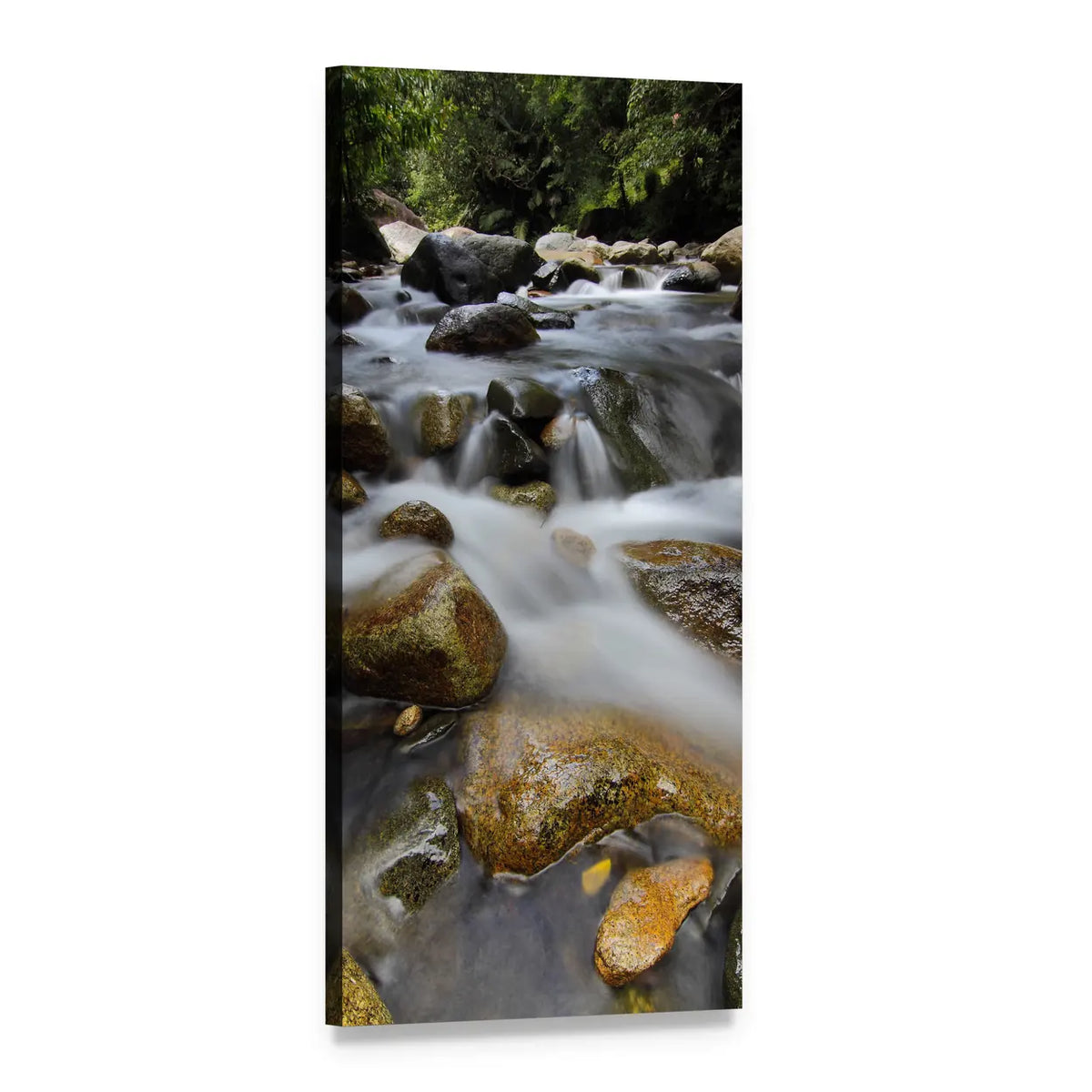 Green Waterfall Over Rocks and Forest Vertical Canvas Wall Art, 1 panel 1 Vertical layout gallery wrapped canvas set, angled product view