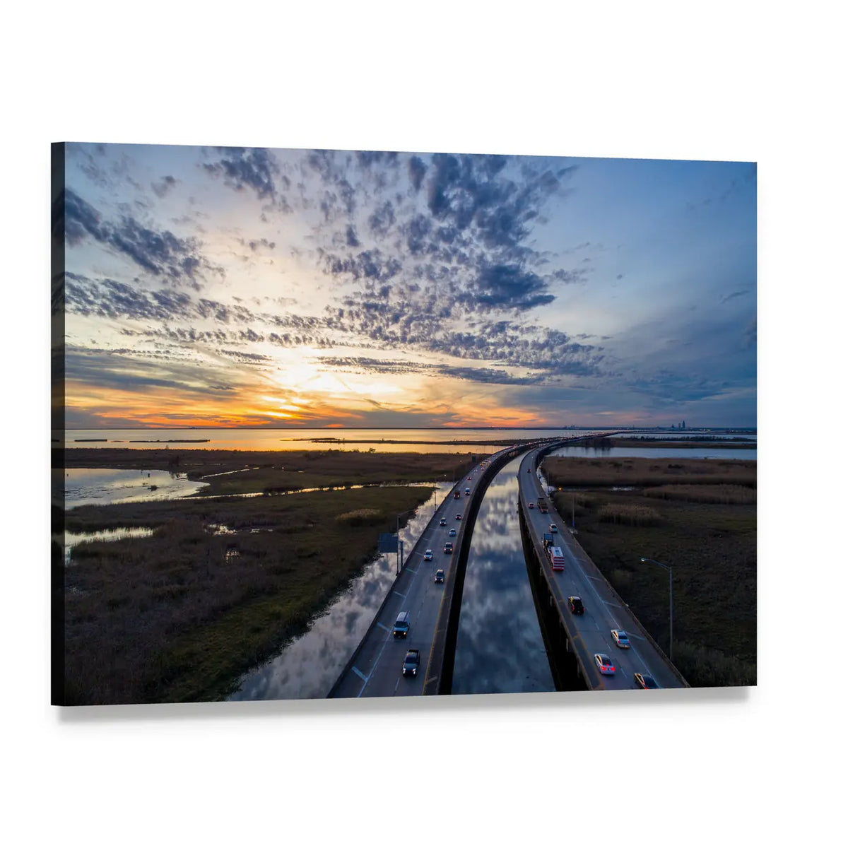Sunset Over Highway Bridge Canvas Wall Art, single panel gallery wrapped canvas, angled product view
