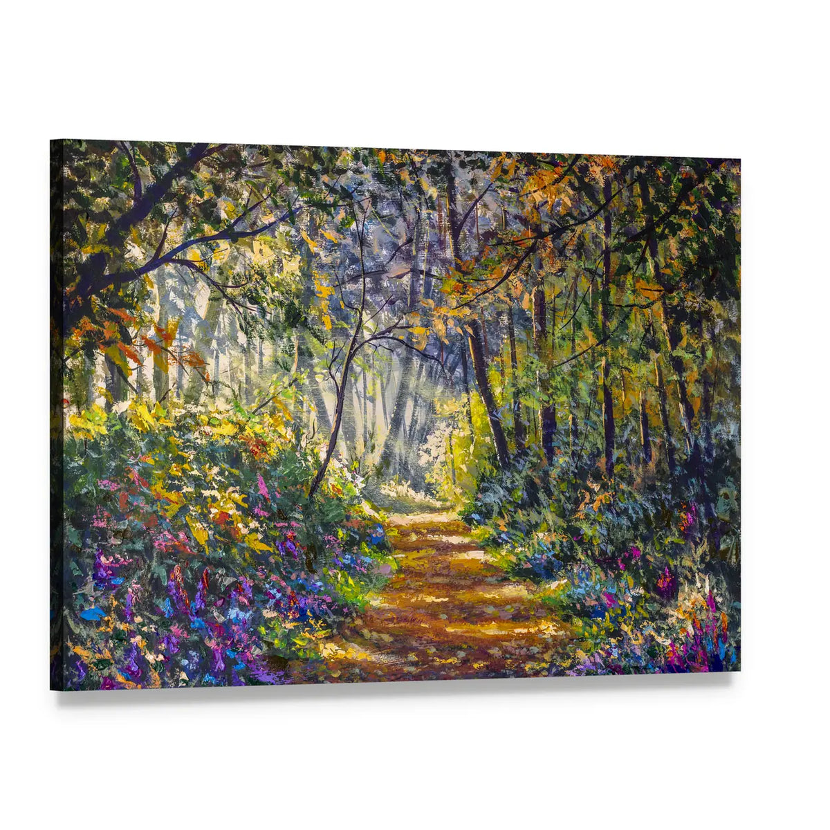 Sunlit Forest Path with Wildflowers Canvas Wall Art, single panel gallery wrapped canvas, angled product view