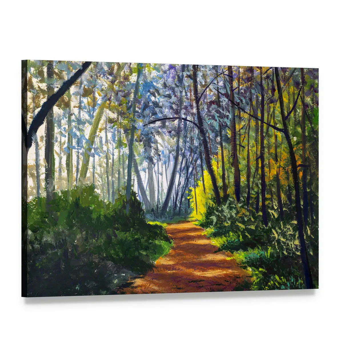 Sunlit Forest Path in Park Canvas Wall Art, single panel gallery wrapped canvas, angled product view
