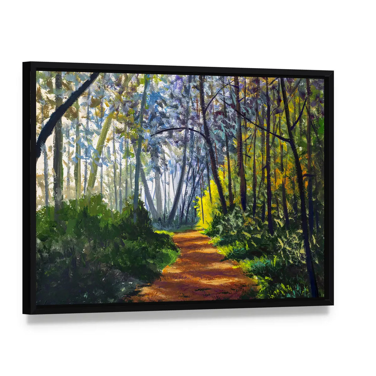 Sunlit Forest Path in Park Canvas Wall Art, framed canvas in a black floater frame, angled product view