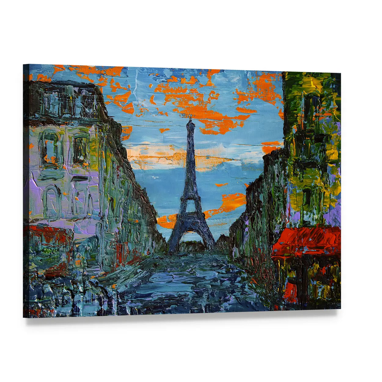 Paris Street at Sunset Canvas Wall Art, single panel gallery wrapped canvas, angled product view