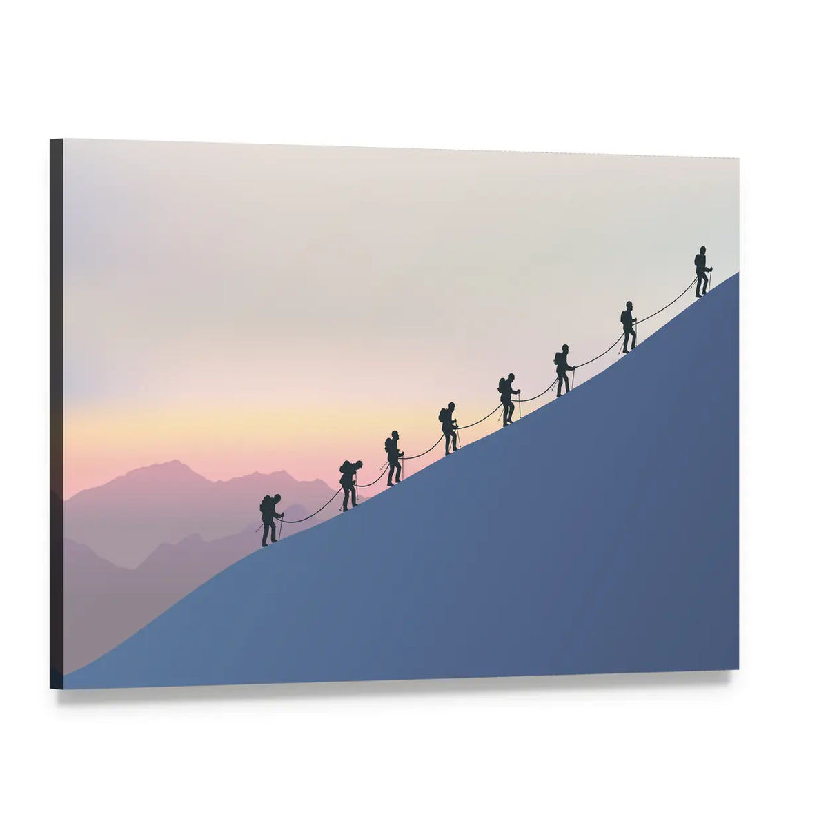 Roped Mountaineers on Slanted Blue Slope Canvas Wall Art, single panel gallery wrapped canvas, angled product view