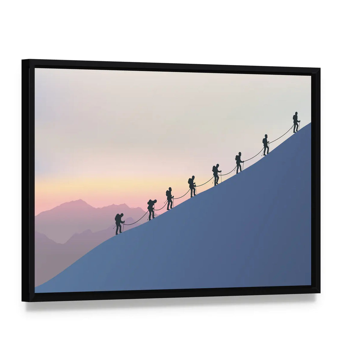 Roped Mountaineers on Slanted Blue Slope Canvas Wall Art, framed canvas in a black floater frame, angled product view