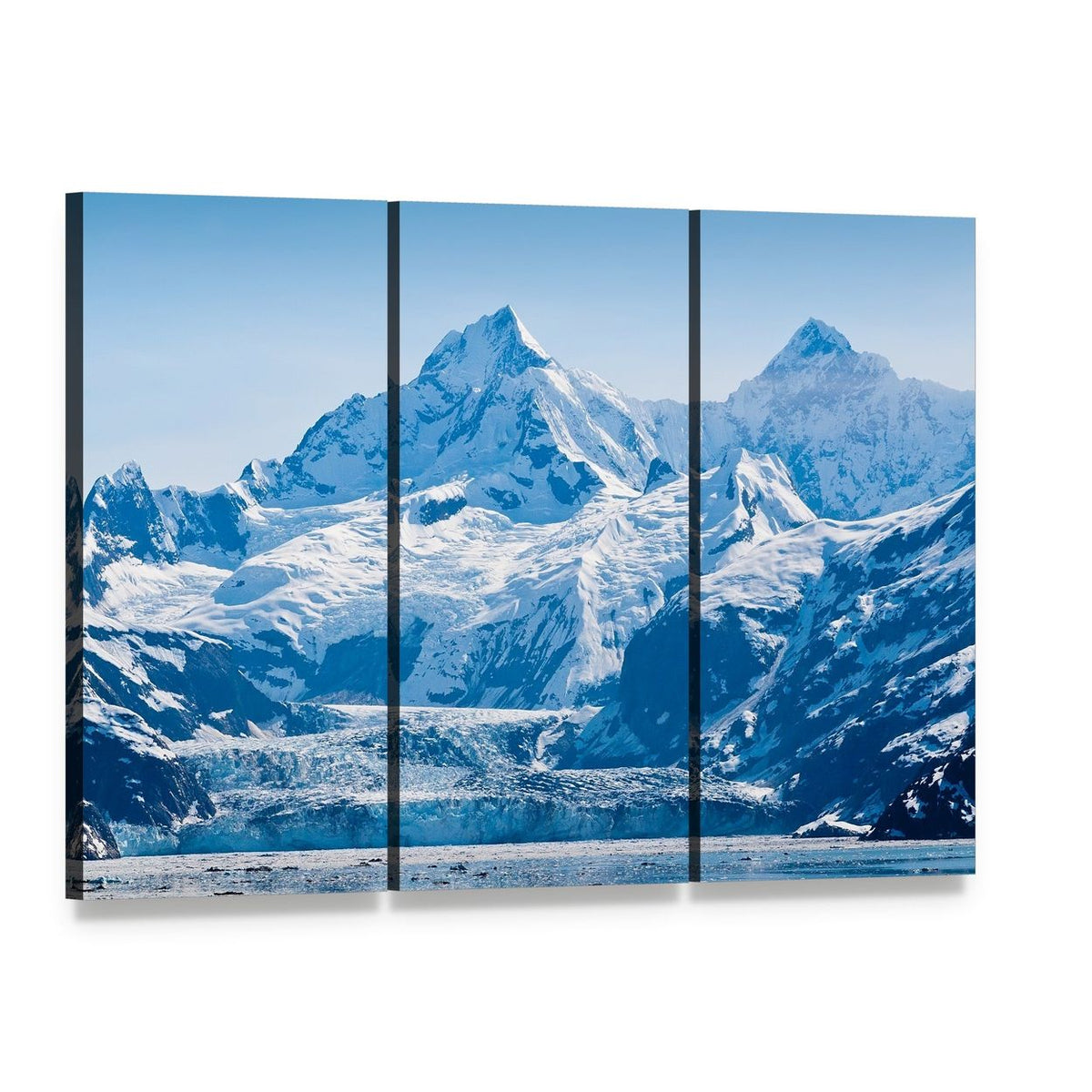 Glacier and Snow Capped Mountains Canvas Wall Art, 3 panel 3 Horizontal layout gallery wrapped canvas set, angled product view