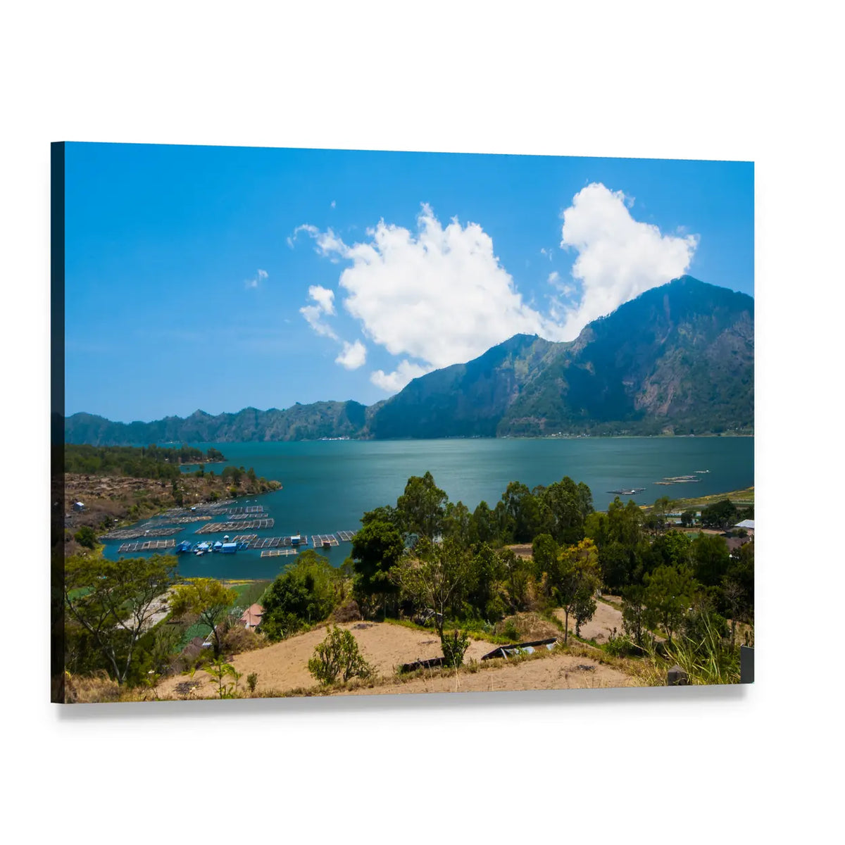 Docked Boats on Lake with Mountains Canvas Wall Art, single panel gallery wrapped canvas, angled product view