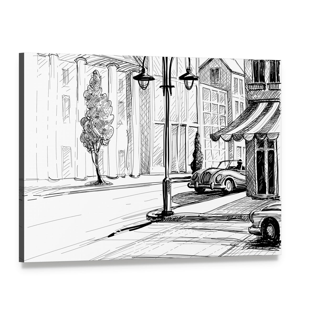 Retro City Street Sketch Canvas Wall Art, single panel gallery wrapped canvas, angled product view